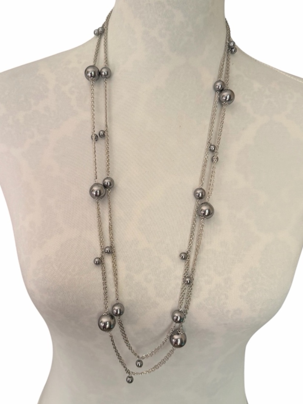 NWT Dress Barn Gray Faux Pearl Station Necklace | Multi-Strand Silver Tone